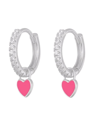 Серьги-кольца с розовым сердечком из серебра 925 пробы