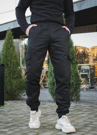 Штани карго на флісі з кишенями чорні