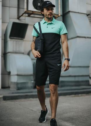 Комплект Nike КЕПКА + поло бірюзово-чорний та шорти + Барсетка