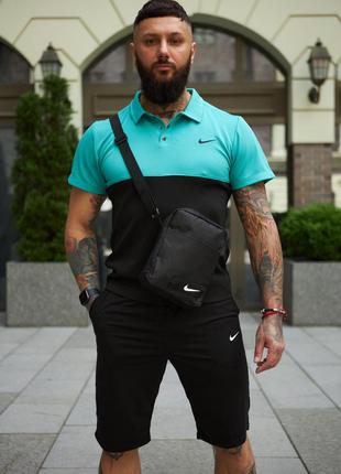 Комплект Nike поло бірюзово-чорний та шорти +Барсетка