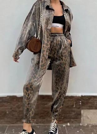 Женский стильный леопардовый костюм Рубашка+ штаны