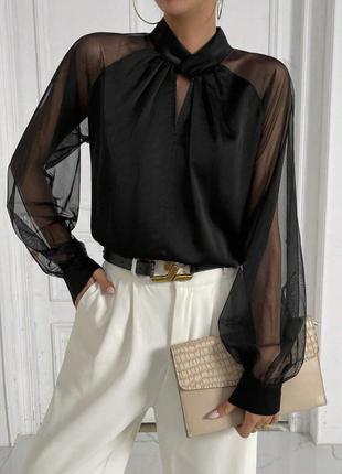 Чорна шовкова блузка із сіткою Чорна блуза з рукавами сіткою