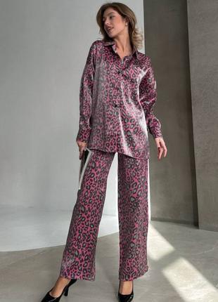 Трендовый женский леопардовый костюм кристал Рубашка+ брюки
