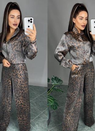 Шелковый леопардовый костюм Женский брючный костюм леопард