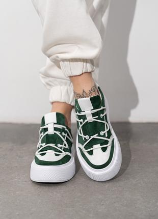 Бело-зеленые комбинированные кеды со шнуровкой, размер 37