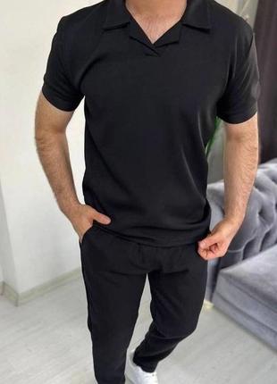 Стильный мужской костюм футболка с воротником и брюки черный