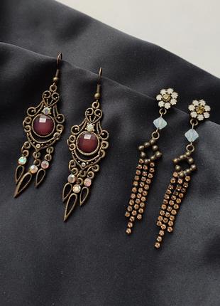 Вінтажні бронзові сережки в східному стилі з кристалами АБ