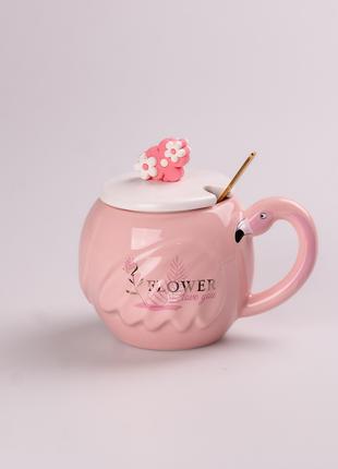 Чашка керамическая 500 мл Фламинго с крышкой и ложкой Flowers ...