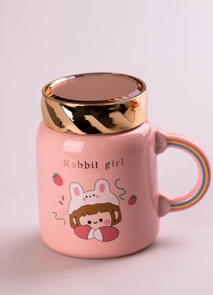 Кружка керамічна 420 мл Cute girl з кришкою Рожевий DM-11