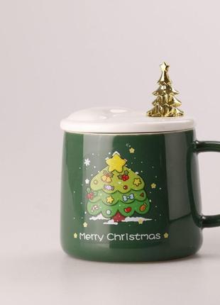 Керамічна чашка 500 мл Merry Christmas з кришкою і ложкою Зеле...