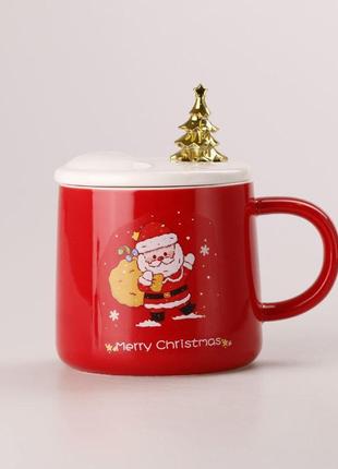 Керамічна чашка 500 мл Merry Christmas з кришкою і ложкою Черв...