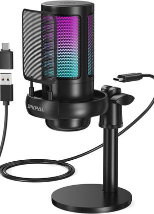 SPKPAL USB-микрофон ПК, микрофон для подкастов с RGB-светом, к...