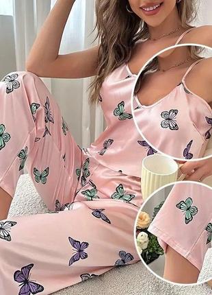 Женская Пижама шелковая комплект для сна майка + брюки с принт...