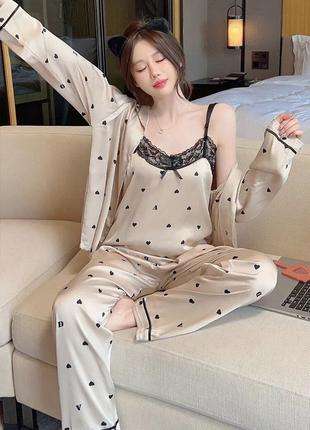 Женская шелковая пижама комплект тройка для сна и дома брюки м...
