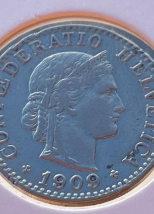 Монета Швейцарія 20 раппен, 1909 року