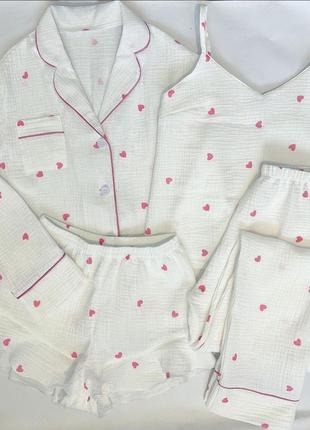Муслиновая женская пижама рубашка+штани, шорти+топ розовие сер...