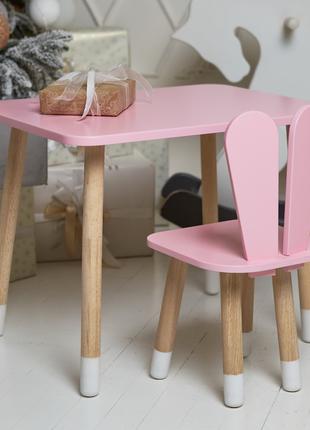 Детский прямоугольный стол и стул зайчик. Столик розовый детск...