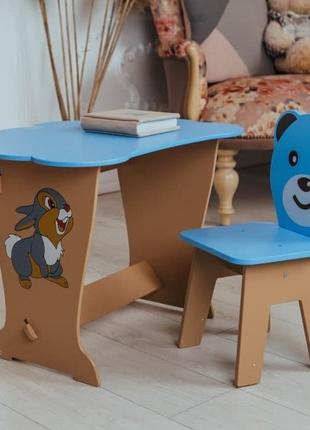 Столик крышка и стульчик синий детский медвежонок. Для игры, р...