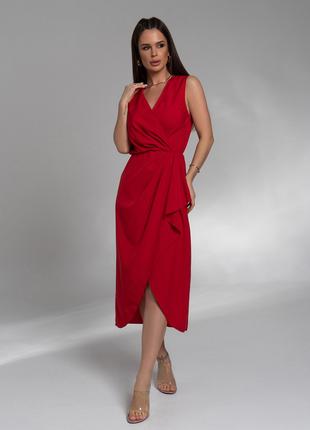 Красное платье без рукавов кроя на запах, размер S