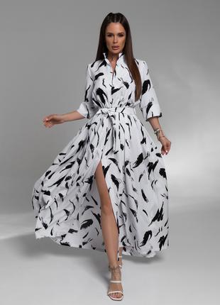 Бело-черное длинное платье с разрезом, размер S