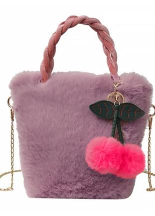 Детская сумка Lesko GZ-5043 Light Pink меховая с вишней на цеп...