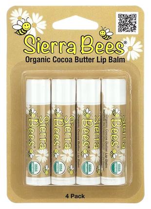 Sierra Bees, Органические бальзамы для губ, какао-масло, 4 штуки