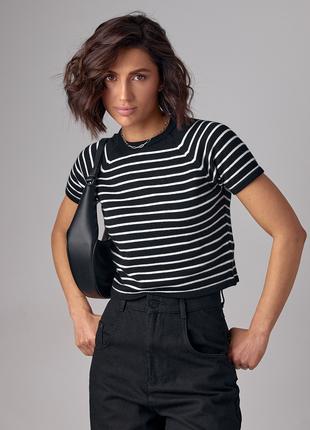 Укороченная женская футболка в полоску - черный цвет, L