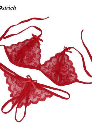 Комплект кружевного красного эротического белья с разрезами xs s
