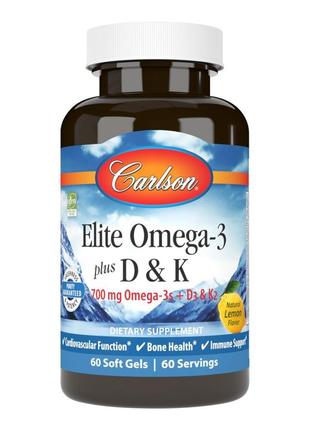 Жирные кислоты Carlson Labs Elite Omega 3 plus D3 & K2, 60 капсул
