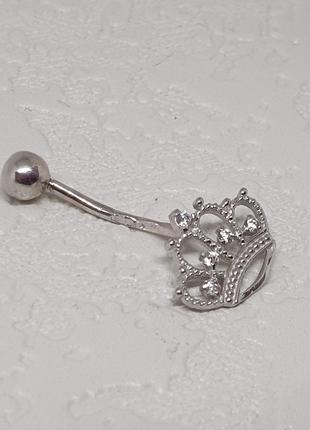 Срібна сережка для пірсингу пупка Корона з фіанітами. 818-2100Р