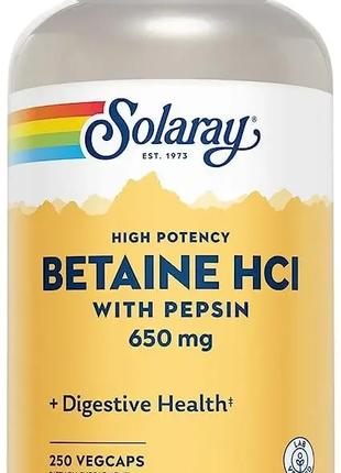 Solaray, высокоэффективный бетаина гидрохлорид с пепсином, 650...