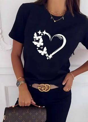 Качественная натуральная футболка с принтом сердце черный