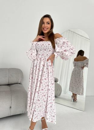 Модное платье из софта с цветочным принтом белый+розовый цветок