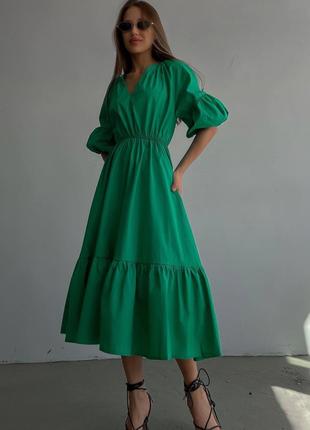 Легкое женское платье с поясом лен зеленый