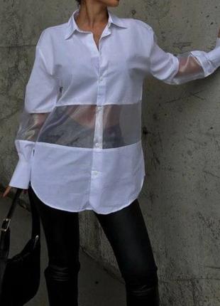 Женская удлиненная рубашка с прозрачной вставкой белый