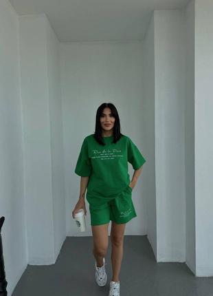 Женский летний костюм из двухнити шорты + футболка зеленый