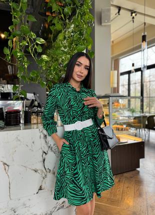 Красивое яркое платье на весну с расклешенной юбкой+ПОЯС зеленый