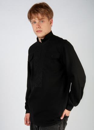 Вышиванка льняная мужская черная современная рубашка с вышивкой