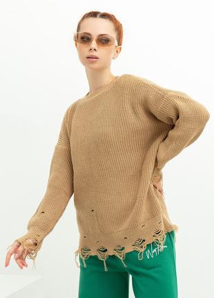 Бежевый свободный перфорированный свитер, размер S