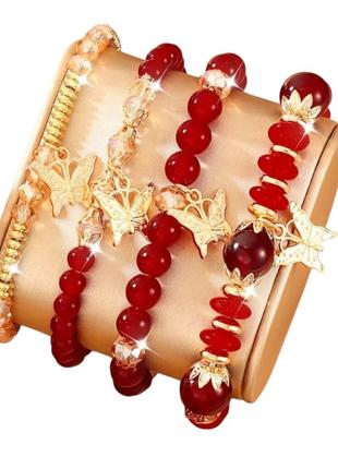 Комплект бижутерии женских украшений 4 красных браслета с золо...