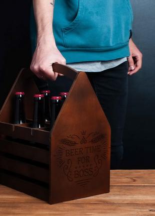 Ящик для пива "Beer time for boss" для 6 пляшок, Коричневий, B...