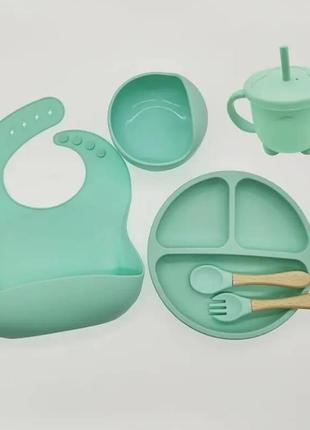 Силиконовий детский набор, посуда для первого кормления, Зеленый