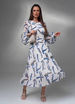 Бело-синее принтованное платье из шифона, размер S