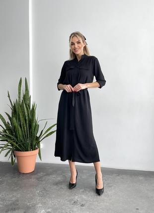 Подовжене плаття-сорочка з тканинним поясом креп жатка чорний
