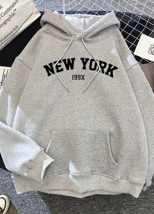 Классный худи «New York» карман кенгуру+капюшон меланж