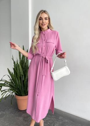 Удлиненное платье-рубашка с тканевым поясом креп жатка розовый