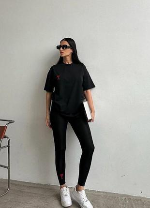 Удобный костюм с футболкой и лосинами+качественная вышивка черный