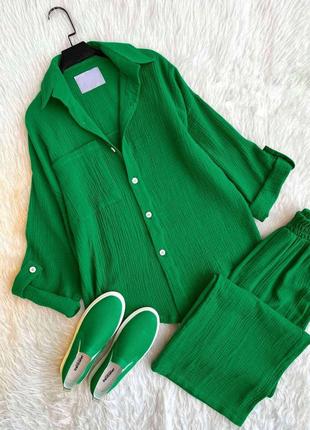 Легкий костюм рубашка+штаны с карманами зеленый