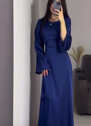 Шелковое макси платье со шнуровкой на спине+широкие рукава синий