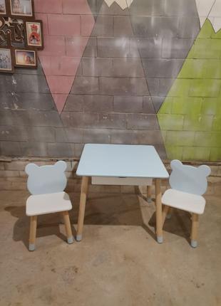 Детский столик и два стула Мишки Голубой + белый МДФ